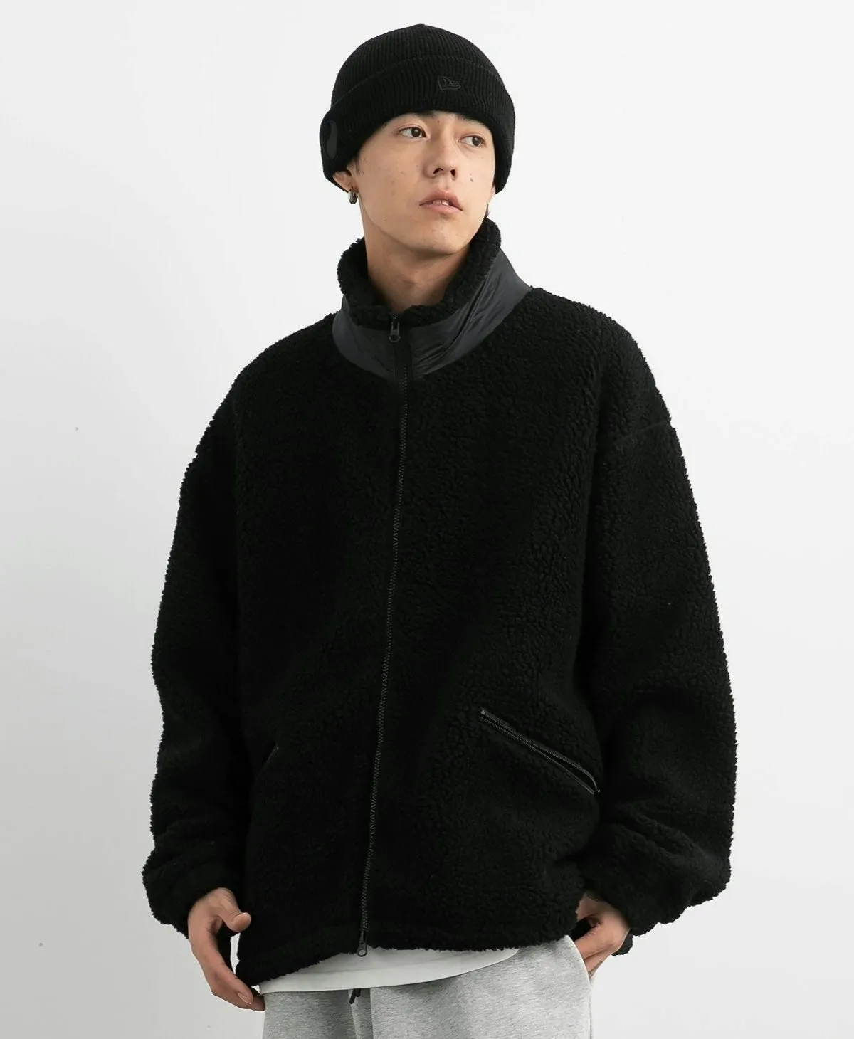 Shearling Zip-Up Lightweight Jacket with Contrast Patchwork