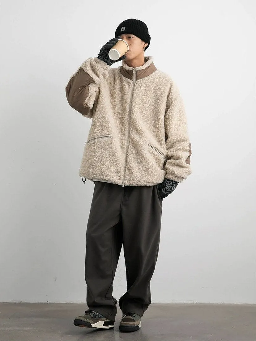 Shearling Zip-Up Lightweight Jacket with Contrast Patchwork