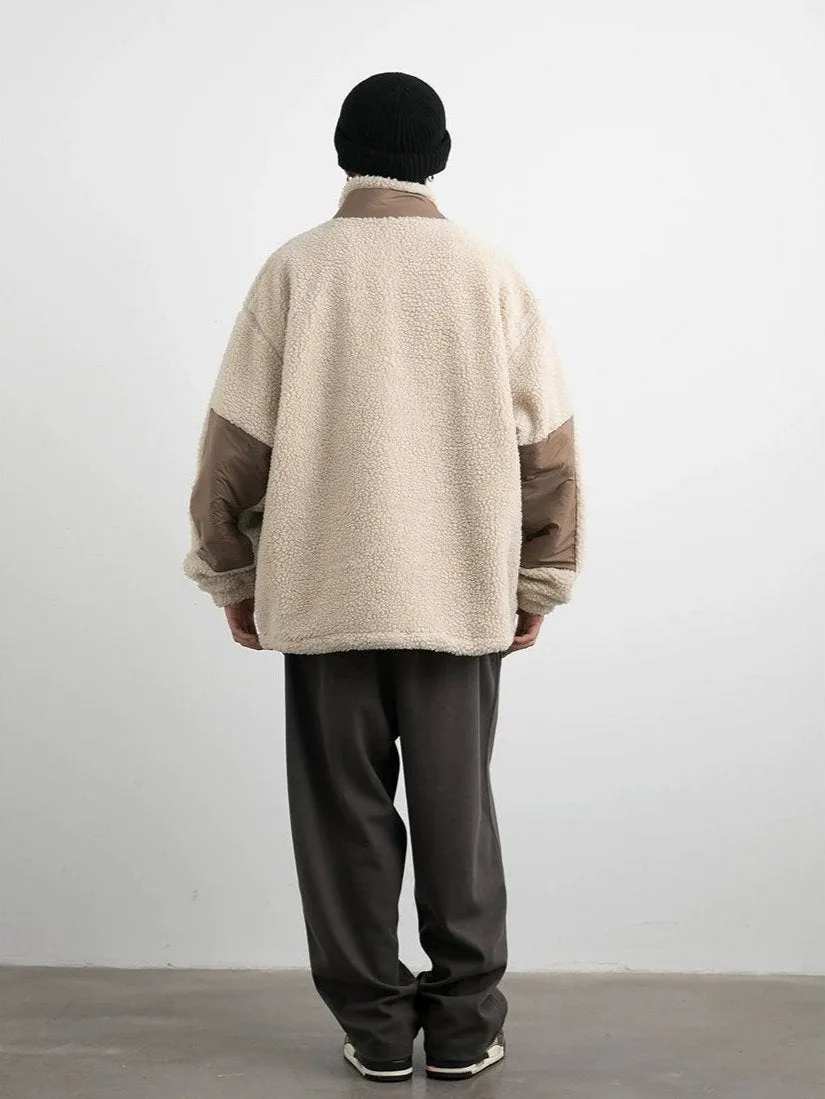 Shearling Zip-Up Lightweight Jacket with Contrast Patchwork
