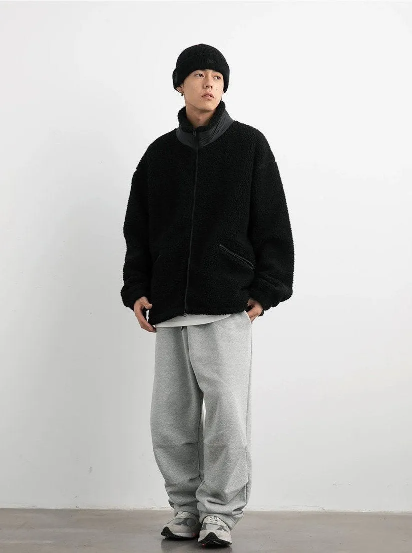 Shearling Zip-Up Lightweight Jacket with Contrast Patchwork