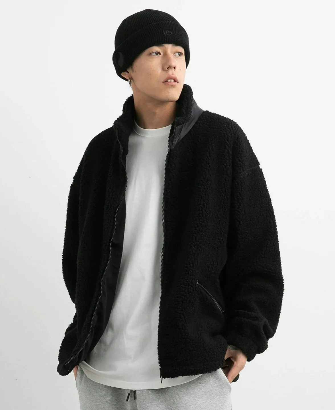 Shearling Zip-Up Lightweight Jacket with Contrast Patchwork