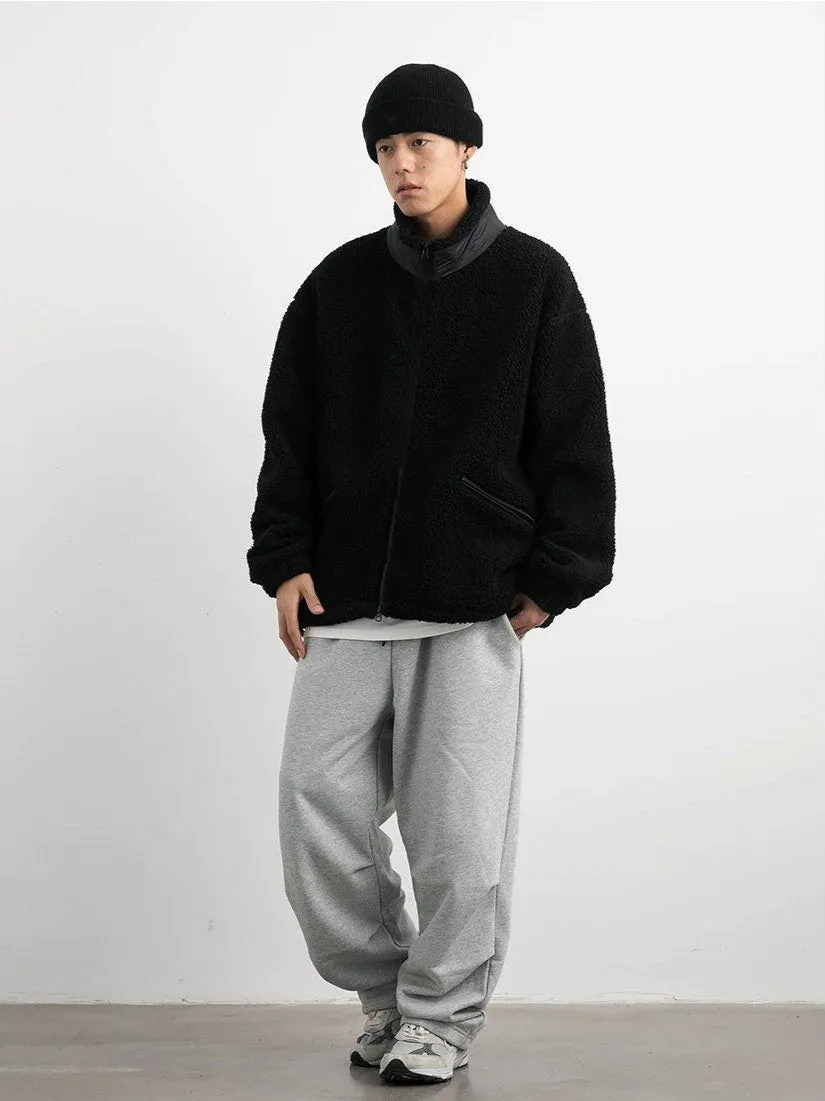 Shearling Zip-Up Lightweight Jacket with Contrast Patchwork