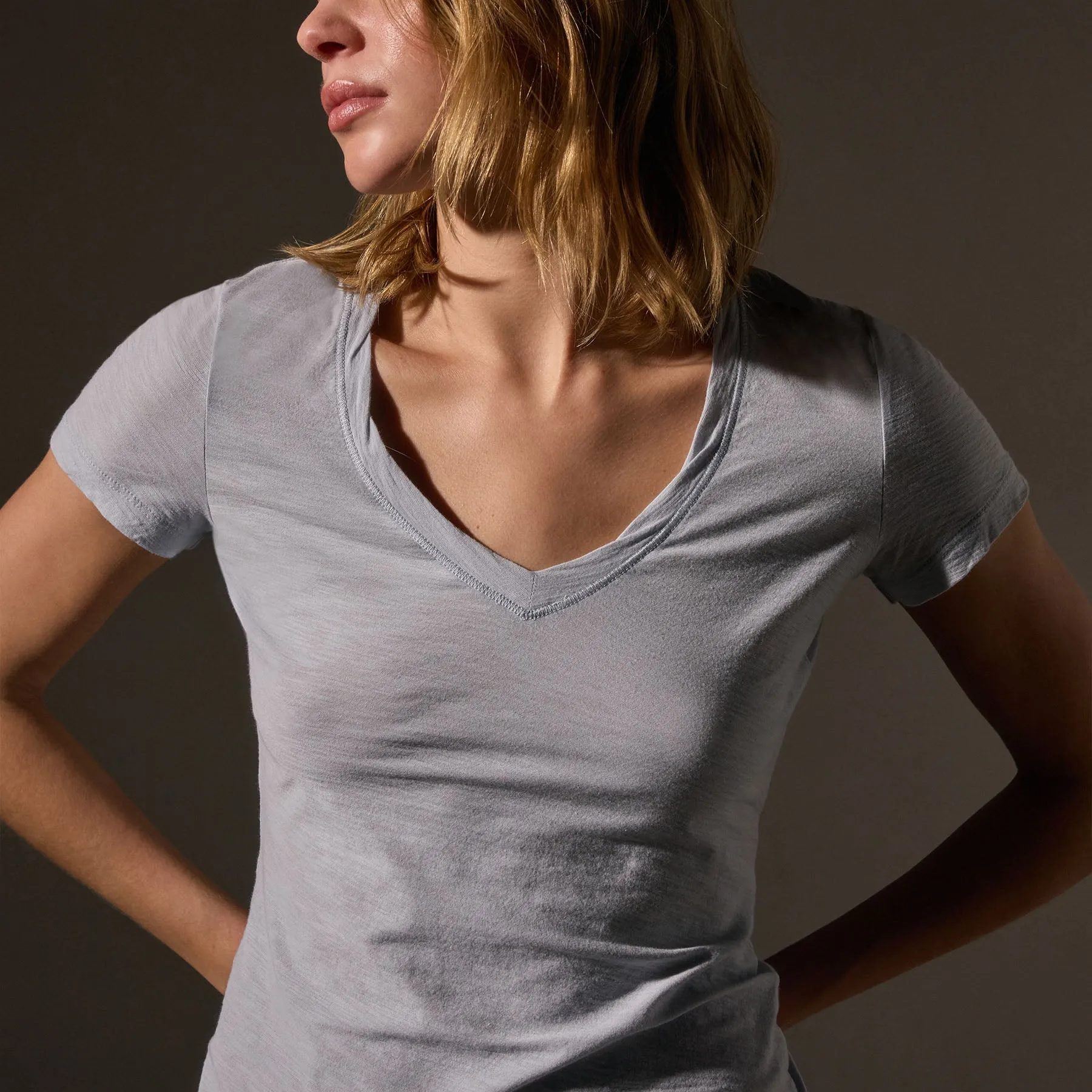 Sheer Slub Casual V Neck - Grey Glacier