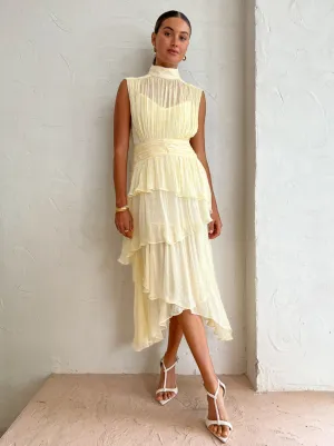 Shona Joy Gina Sleeveless Ruched Midi Dress in Limoncello
