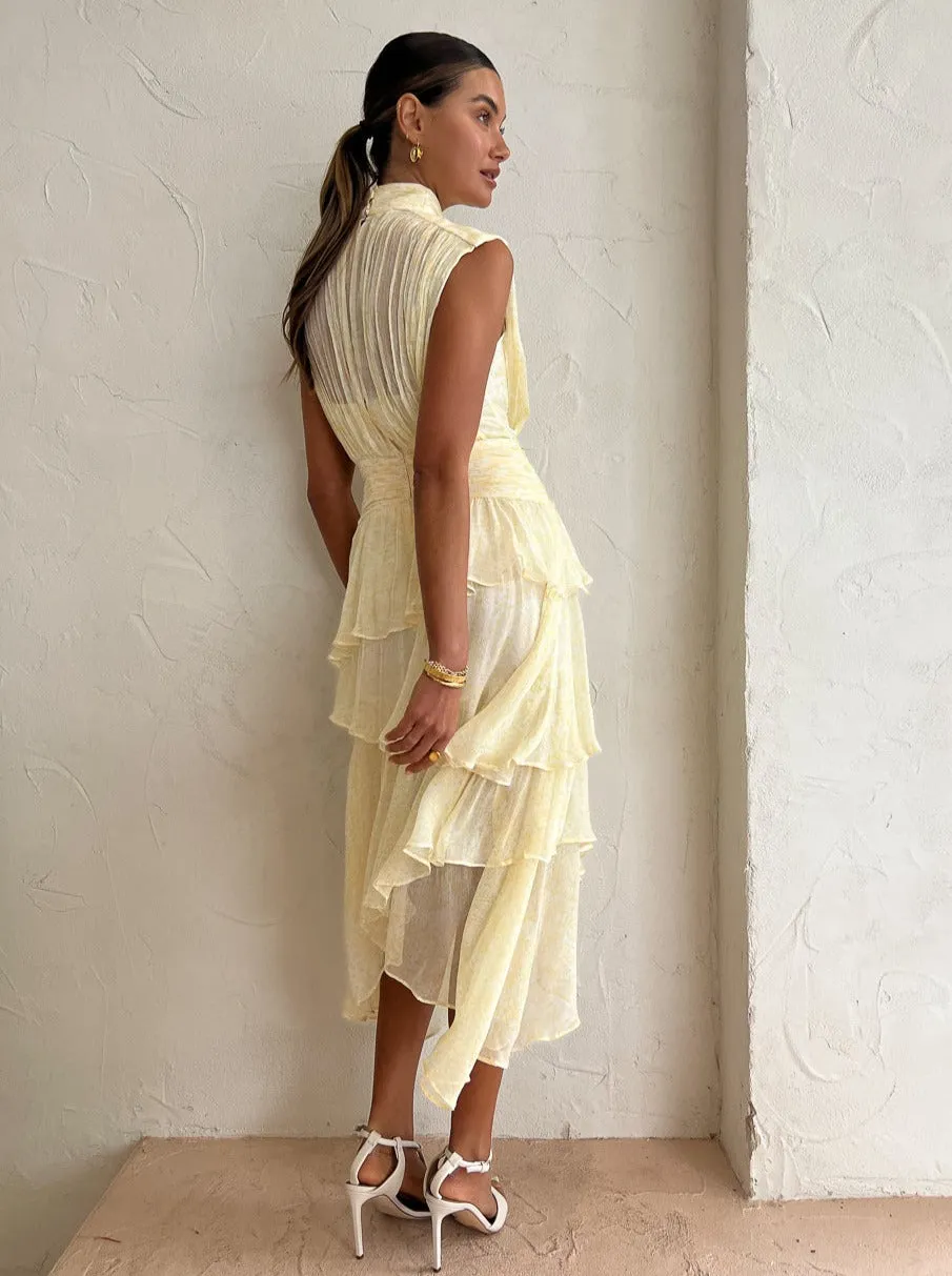 Shona Joy Gina Sleeveless Ruched Midi Dress in Limoncello