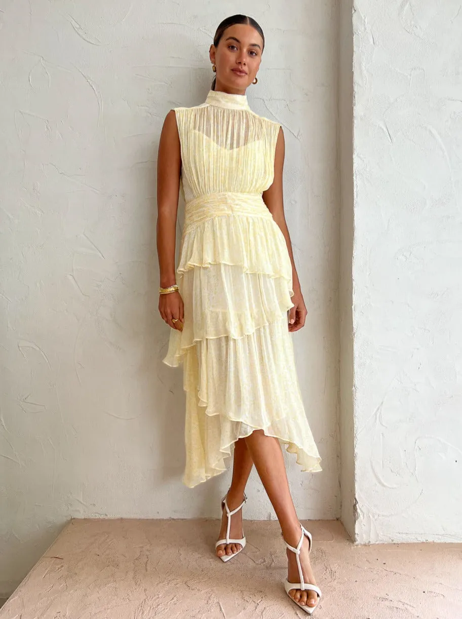 Shona Joy Gina Sleeveless Ruched Midi Dress in Limoncello