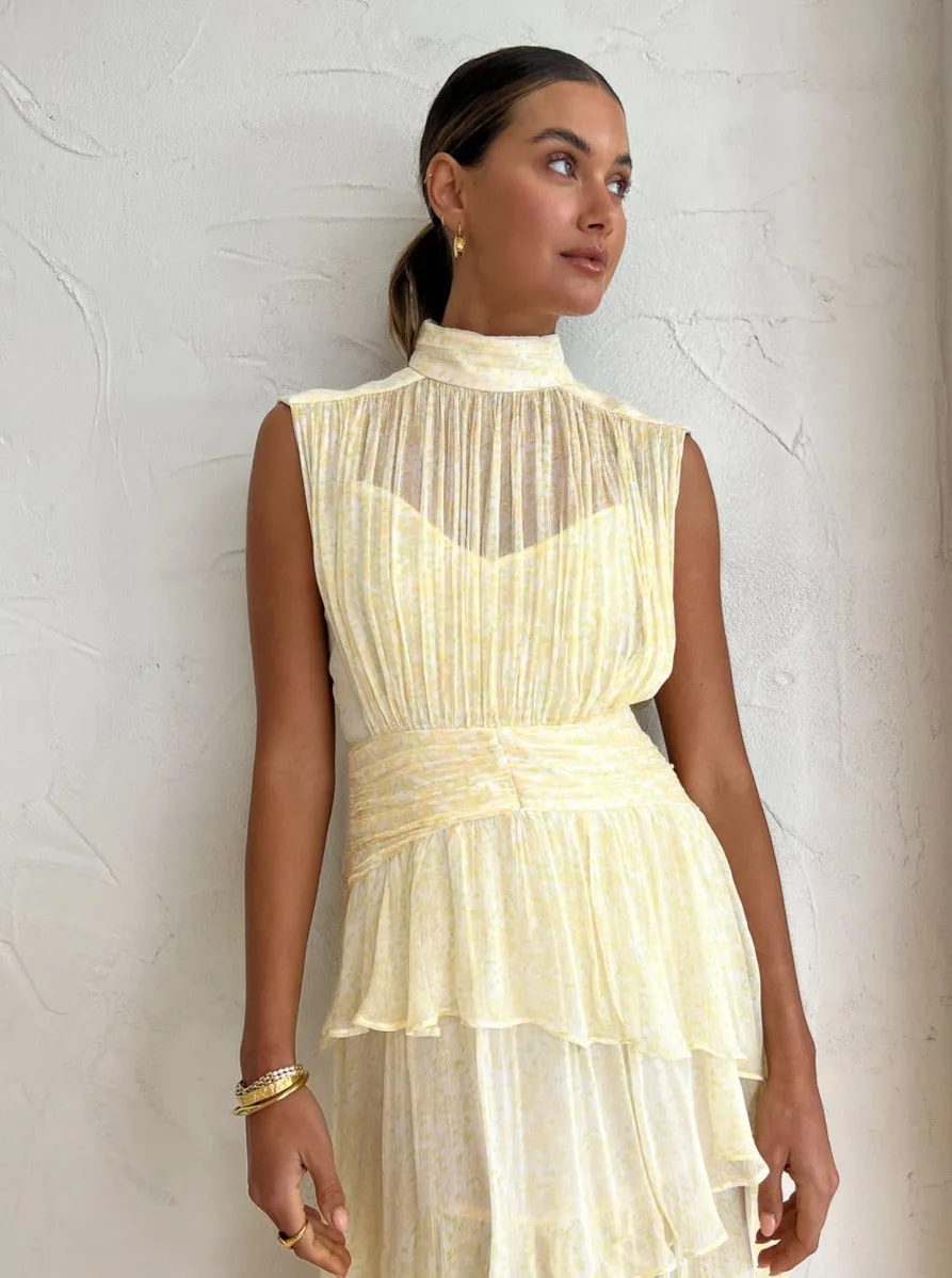 Shona Joy Gina Sleeveless Ruched Midi Dress in Limoncello