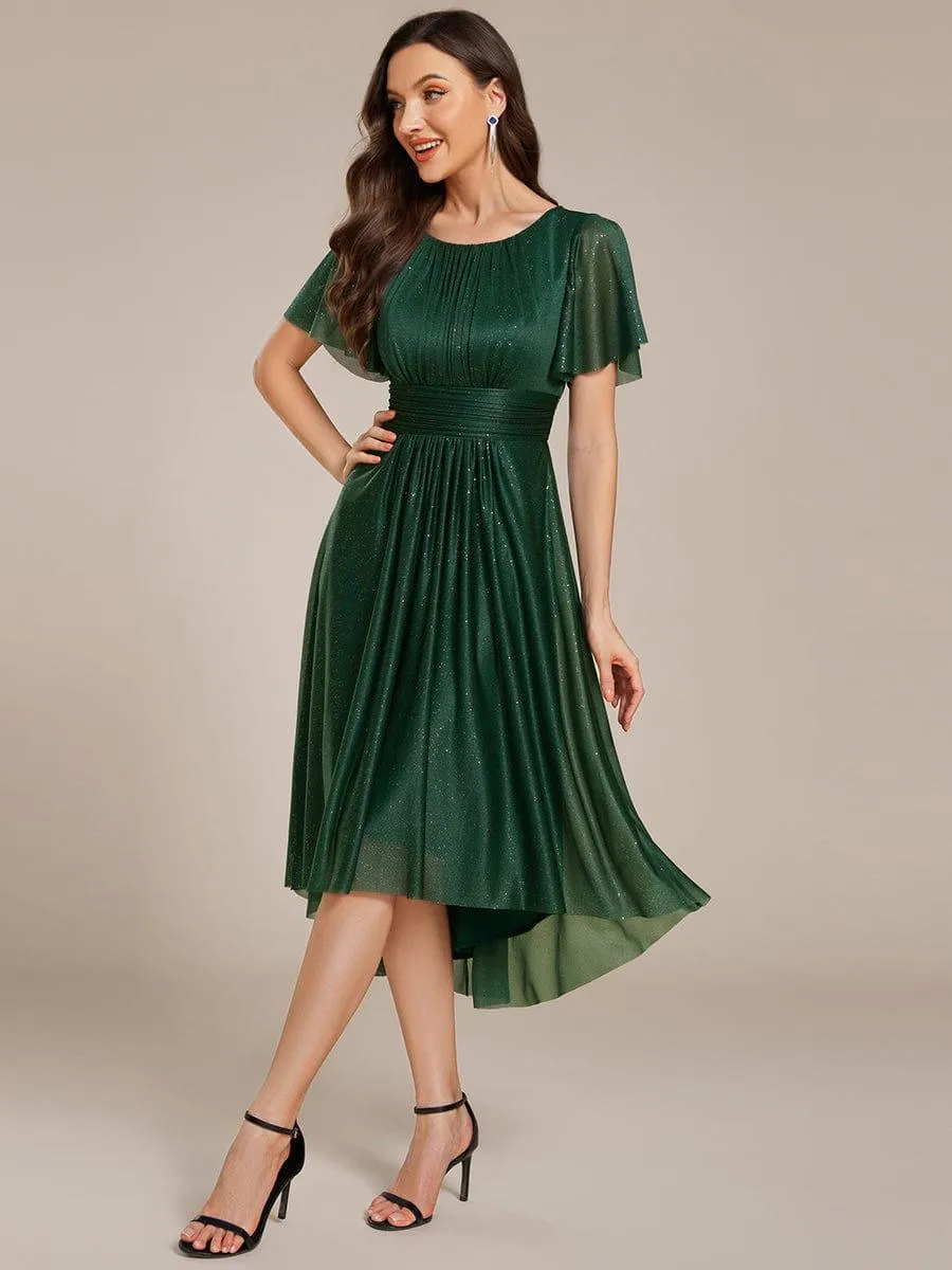 Short Sleeves Round Neck Asymmetrical Midi Wedding Guest Dress