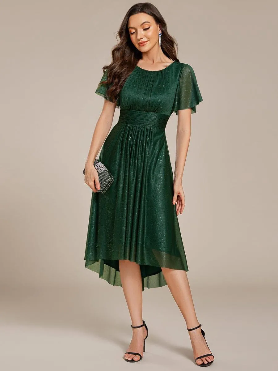 Short Sleeves Round Neck Asymmetrical Midi Wedding Guest Dress