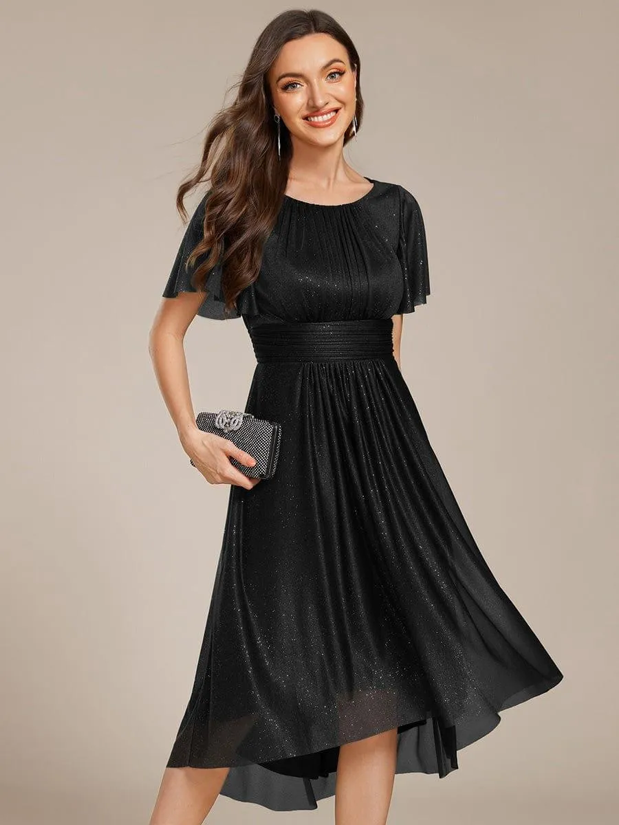 Short Sleeves Round Neck Asymmetrical Midi Wedding Guest Dress