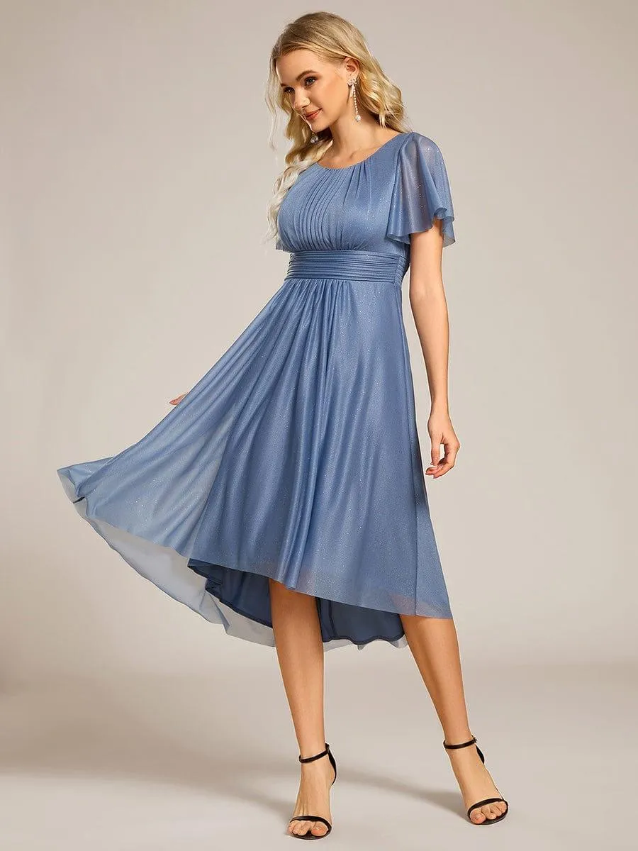 Short Sleeves Round Neck Asymmetrical Midi Wedding Guest Dress