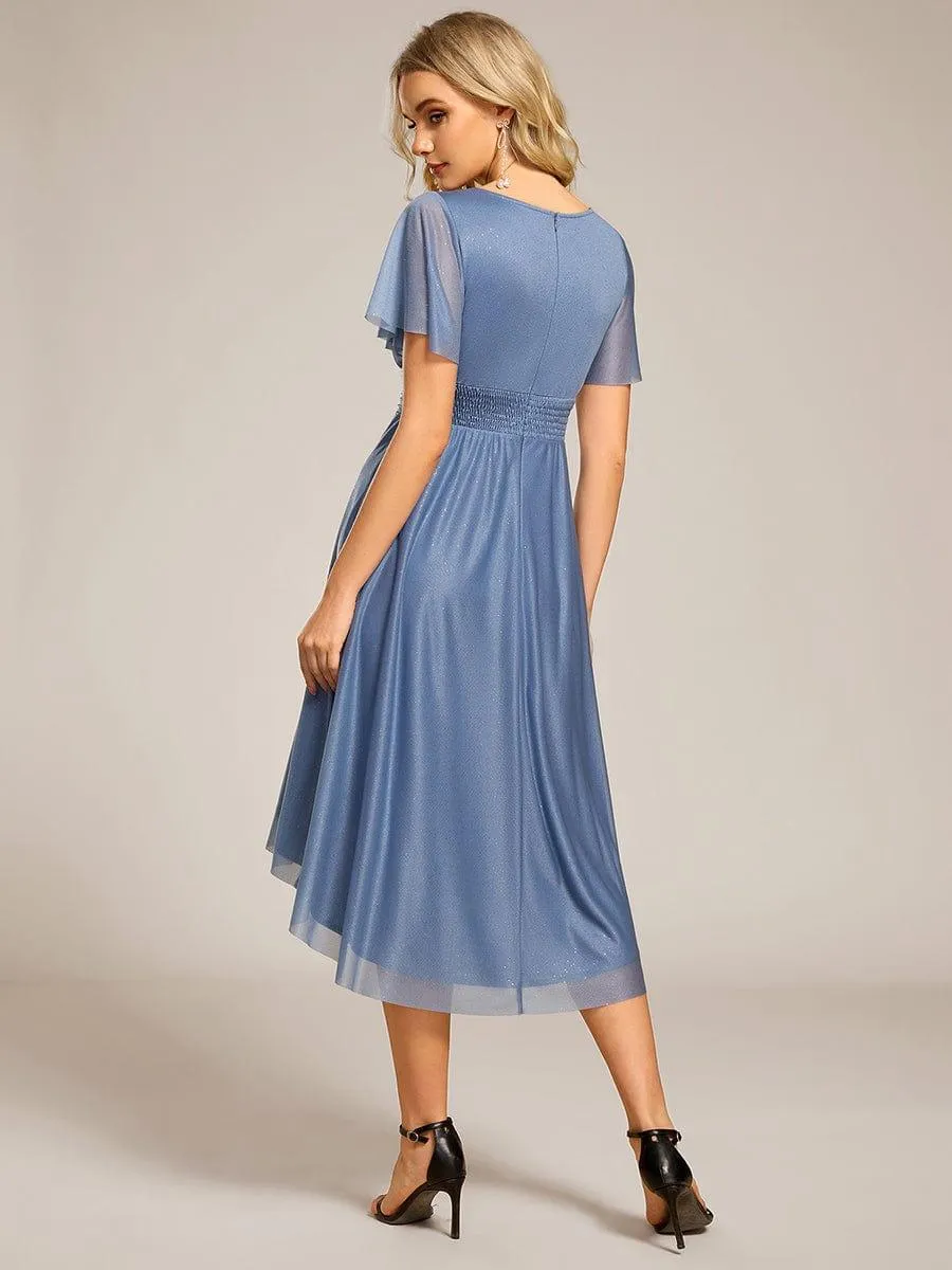 Short Sleeves Round Neck Asymmetrical Midi Wedding Guest Dress