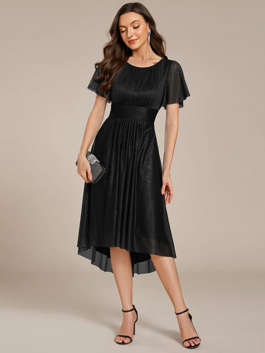 Short Sleeves Round Neck Asymmetrical Midi Wedding Guest Dress