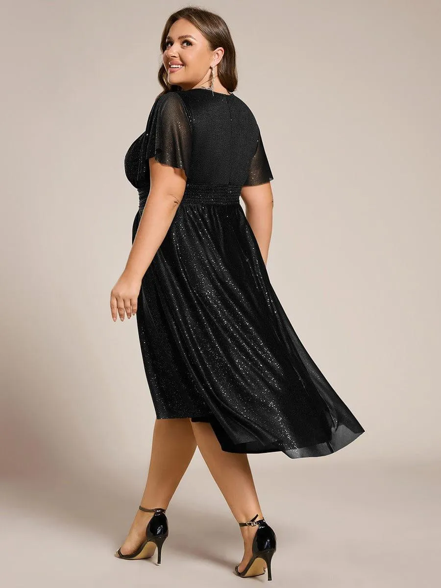 Short Sleeves Round Neck Asymmetrical Midi Wedding Guest Dress