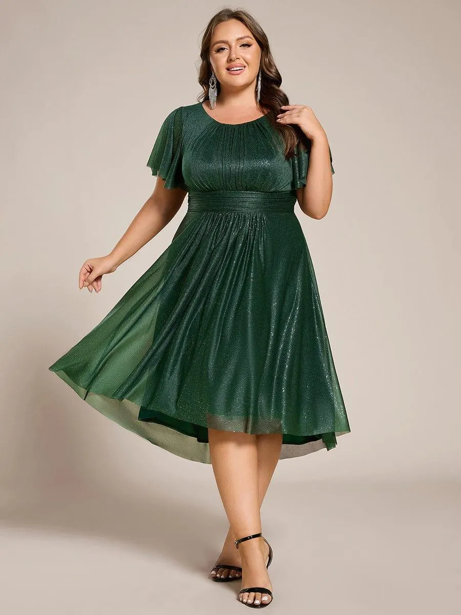 Short Sleeves Round Neck Asymmetrical Midi Wedding Guest Dress