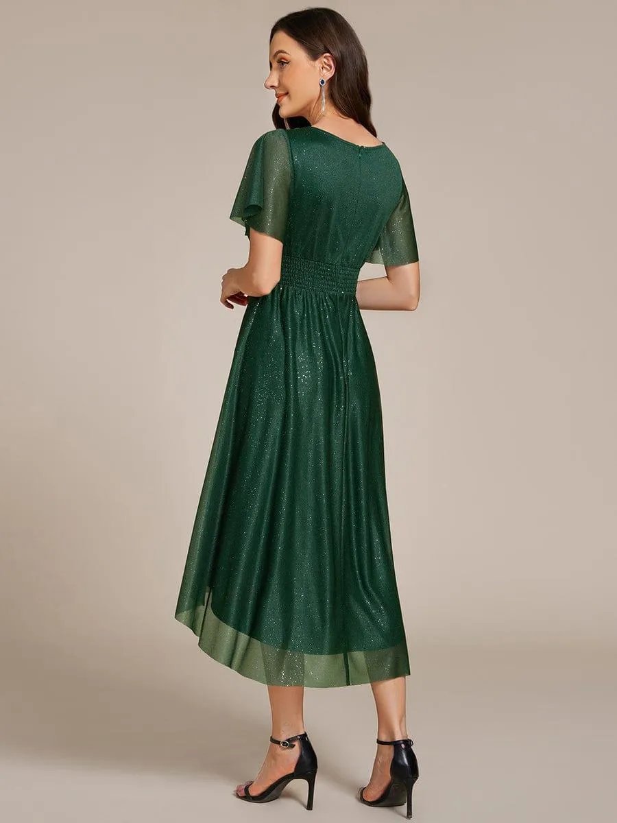 Short Sleeves Round Neck Asymmetrical Midi Wedding Guest Dress