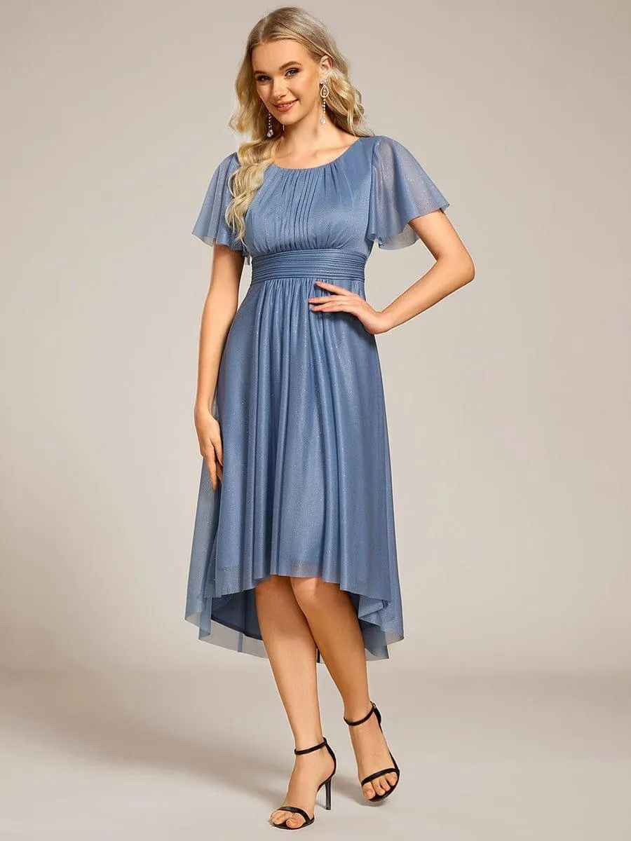 Short Sleeves Round Neck Asymmetrical Midi Wedding Guest Dress