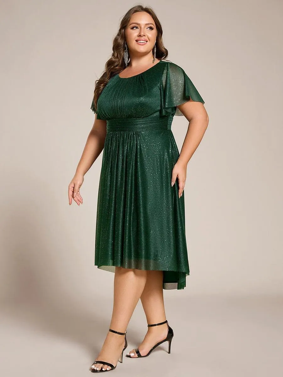 Short Sleeves Round Neck Asymmetrical Midi Wedding Guest Dress