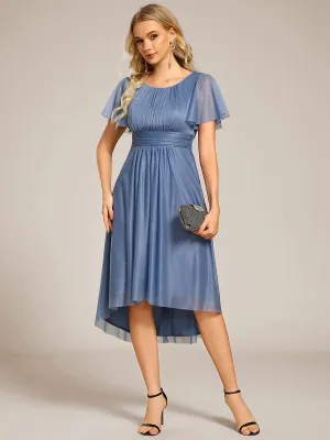Short Sleeves Round Neck Asymmetrical Midi Wedding Guest Dress