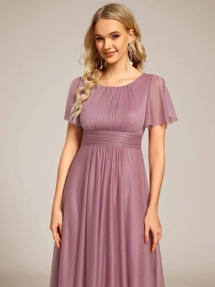 Short Sleeves Round Neck Asymmetrical Midi Wedding Guest Dress