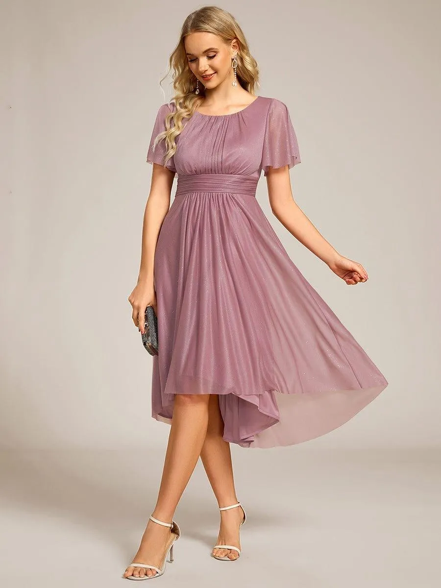 Short Sleeves Round Neck Asymmetrical Midi Wedding Guest Dress