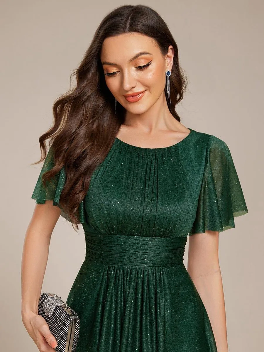 Short Sleeves Round Neck Asymmetrical Midi Wedding Guest Dress