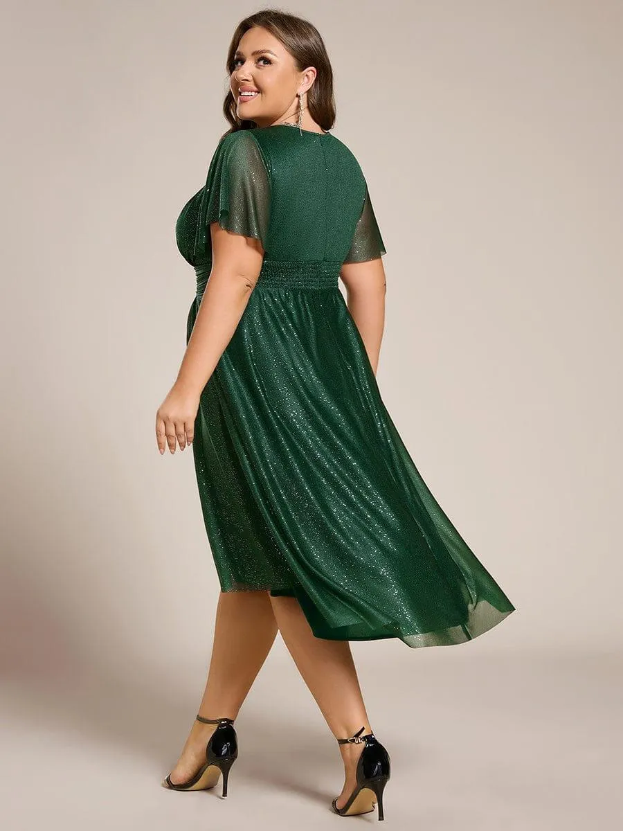 Short Sleeves Round Neck Asymmetrical Midi Wedding Guest Dress