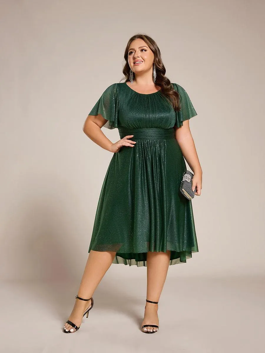 Short Sleeves Round Neck Asymmetrical Midi Wedding Guest Dress