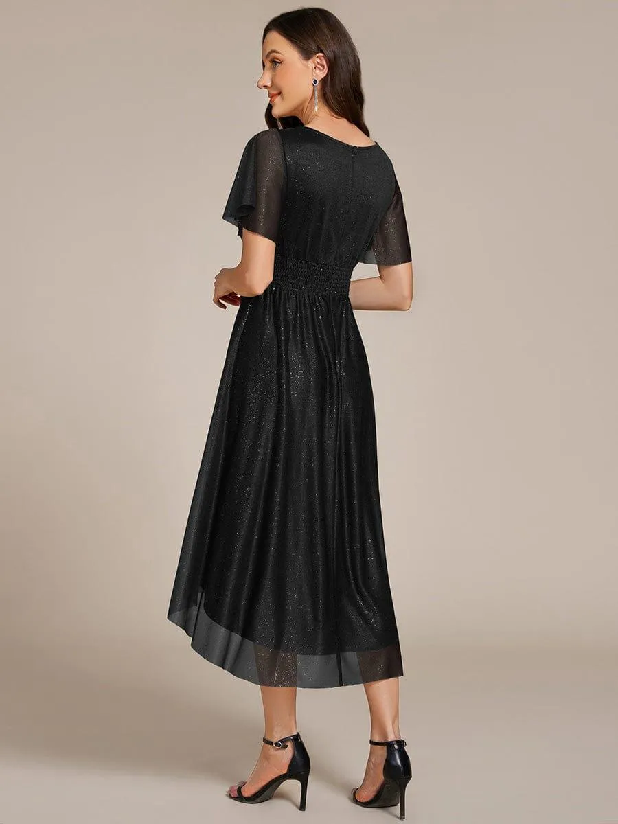 Short Sleeves Round Neck Asymmetrical Midi Wedding Guest Dress