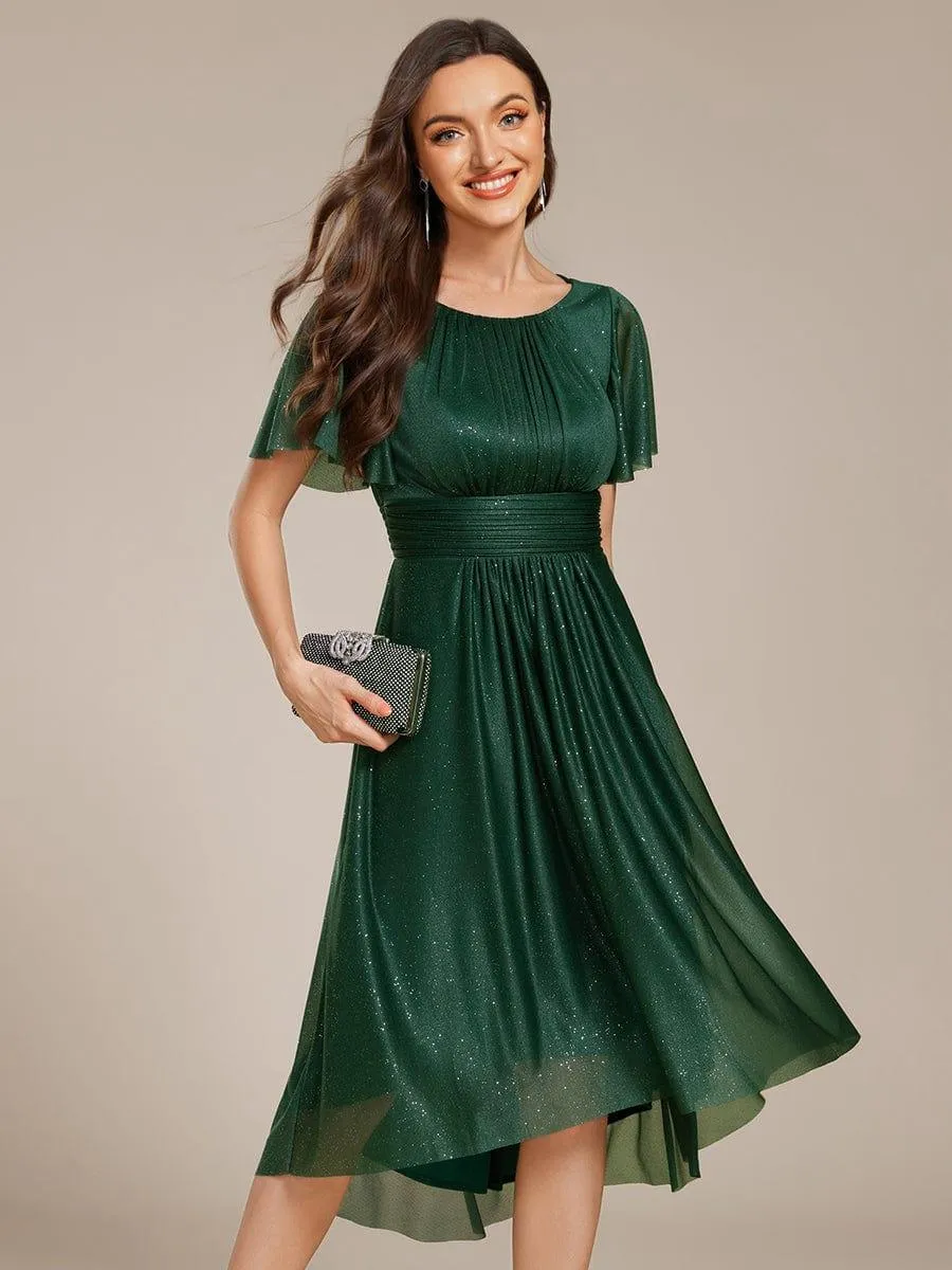 Short Sleeves Round Neck Asymmetrical Midi Wedding Guest Dress