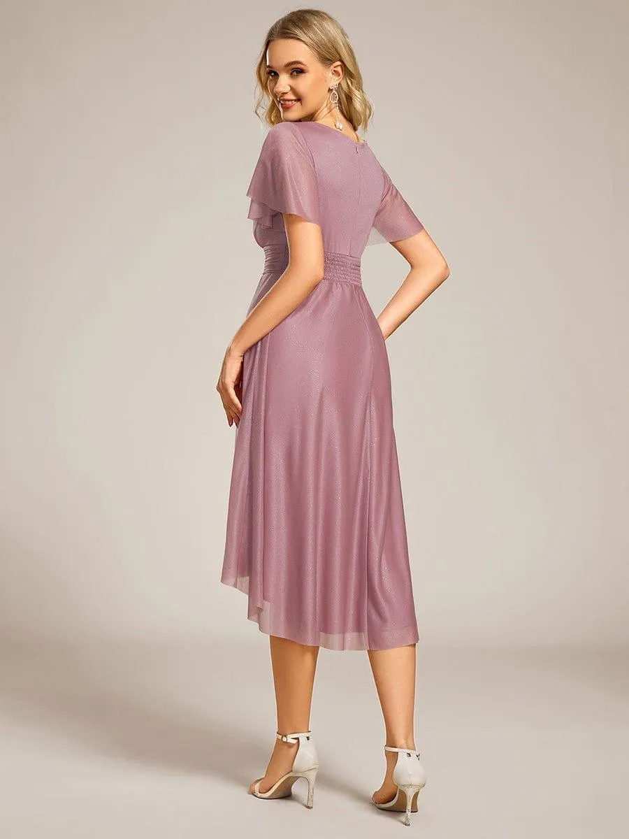 Short Sleeves Round Neck Asymmetrical Midi Wedding Guest Dress