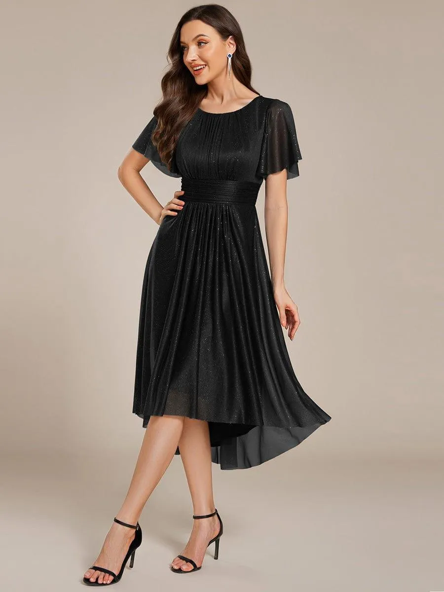 Short Sleeves Round Neck Asymmetrical Midi Wedding Guest Dress
