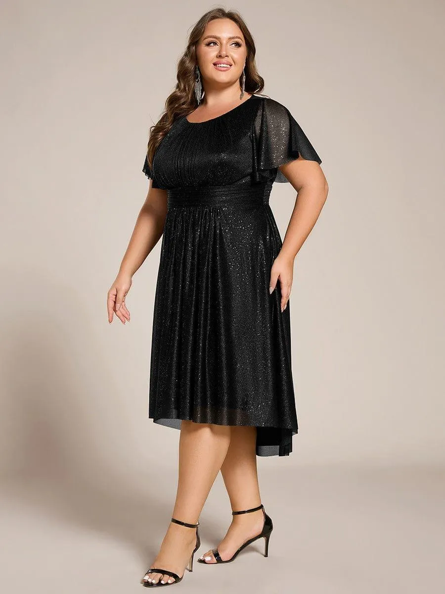 Short Sleeves Round Neck Asymmetrical Midi Wedding Guest Dress