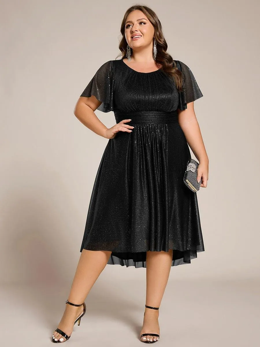 Short Sleeves Round Neck Asymmetrical Midi Wedding Guest Dress