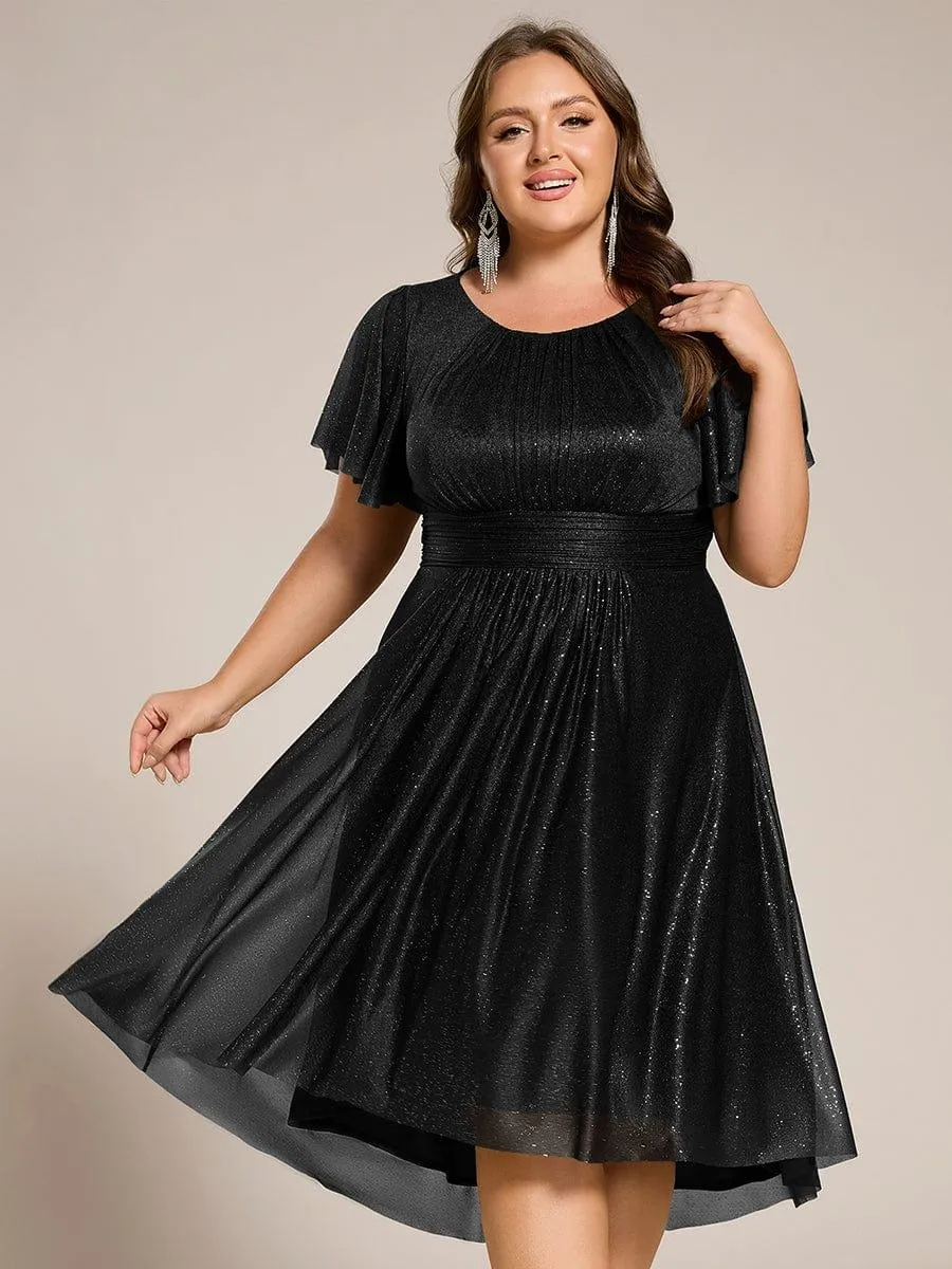 Short Sleeves Round Neck Asymmetrical Midi Wedding Guest Dress