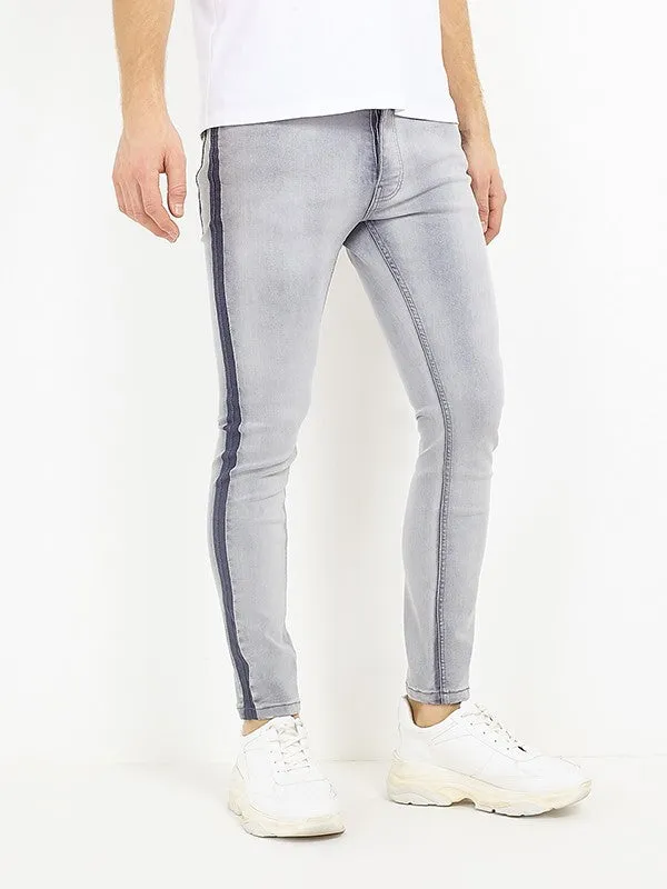 SIDE STRIPE DETAIL WASHED GREY DENIM JEANS