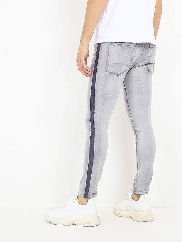 SIDE STRIPE DETAIL WASHED GREY DENIM JEANS