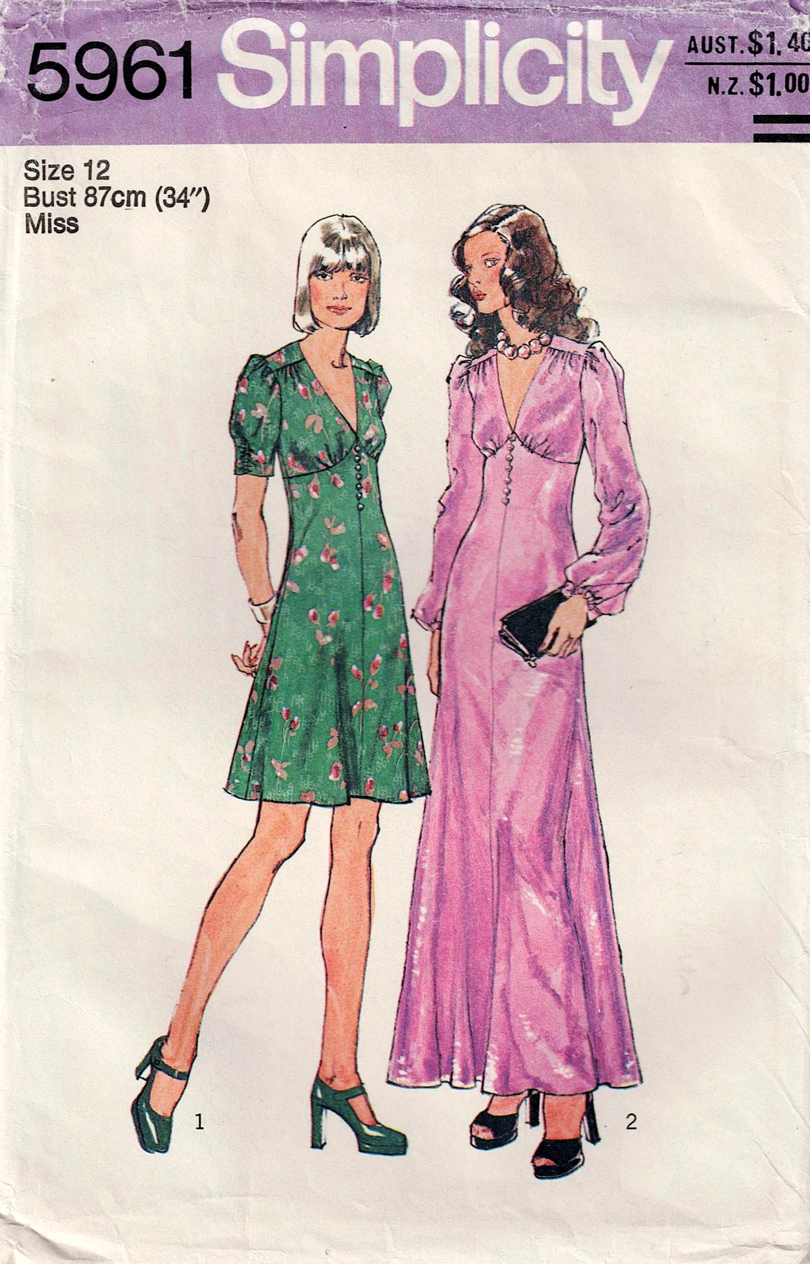 Simplicity 5961 Womens Empire Waisted Puff Sleeved Dress 1970s Vintage Sewing Pattern Size 12 Bust 34 Inches
