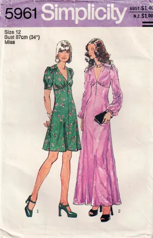 Simplicity 5961 Womens Empire Waisted Puff Sleeved Dress 1970s Vintage Sewing Pattern Size 12 Bust 34 Inches