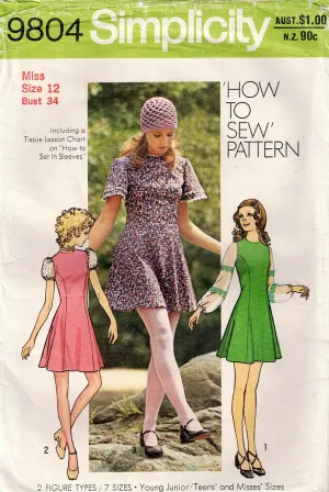 Simplicity 9804 Womens EASY Fit & Flare Mini Dress 1970s Vintage Sewing Pattern Size 12 Bust 34 inches