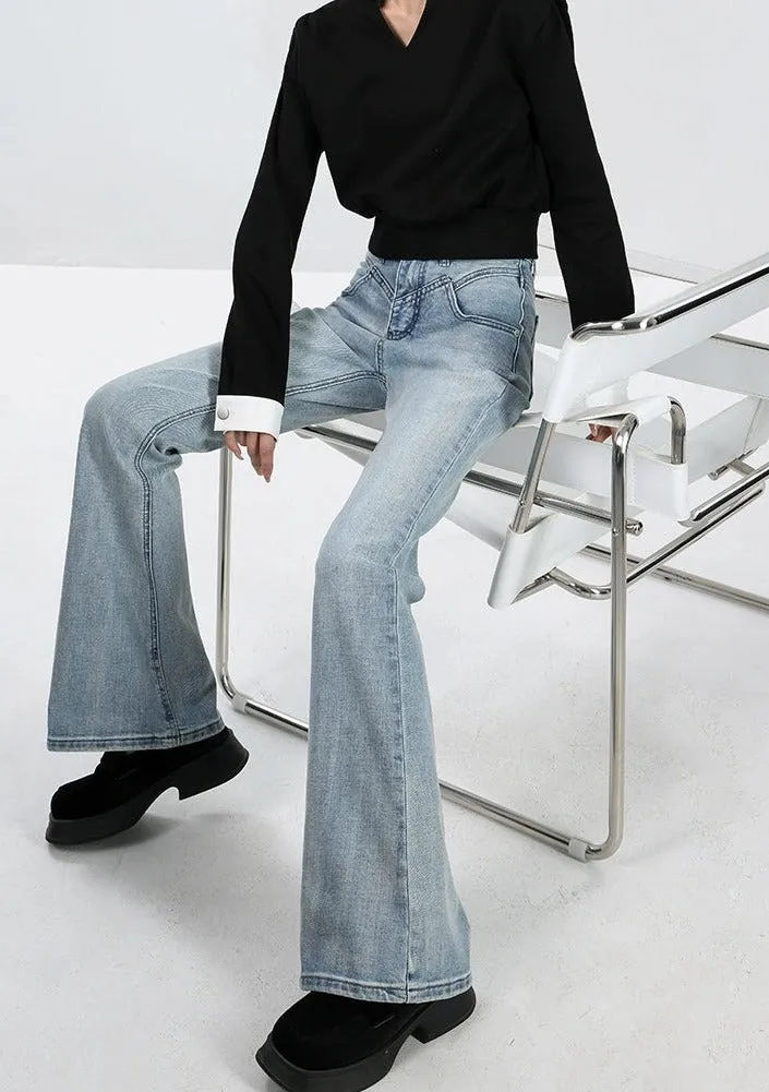Skinny Flared Denim Jeans with Waist Stitch Detail
