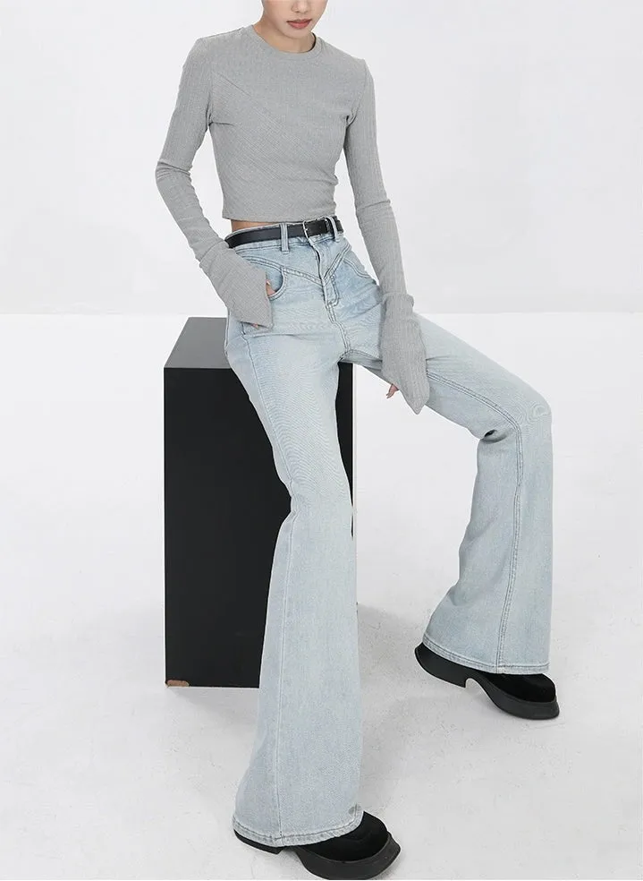 Skinny Flared Denim Jeans with Waist Stitch Detail