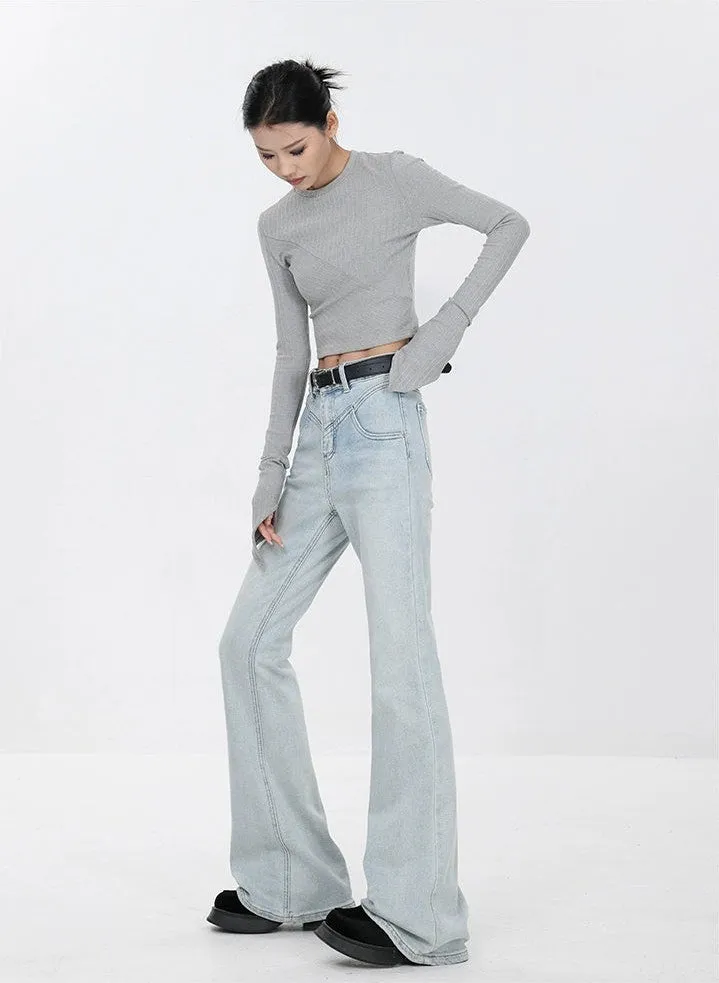 Skinny Flared Denim Jeans with Waist Stitch Detail