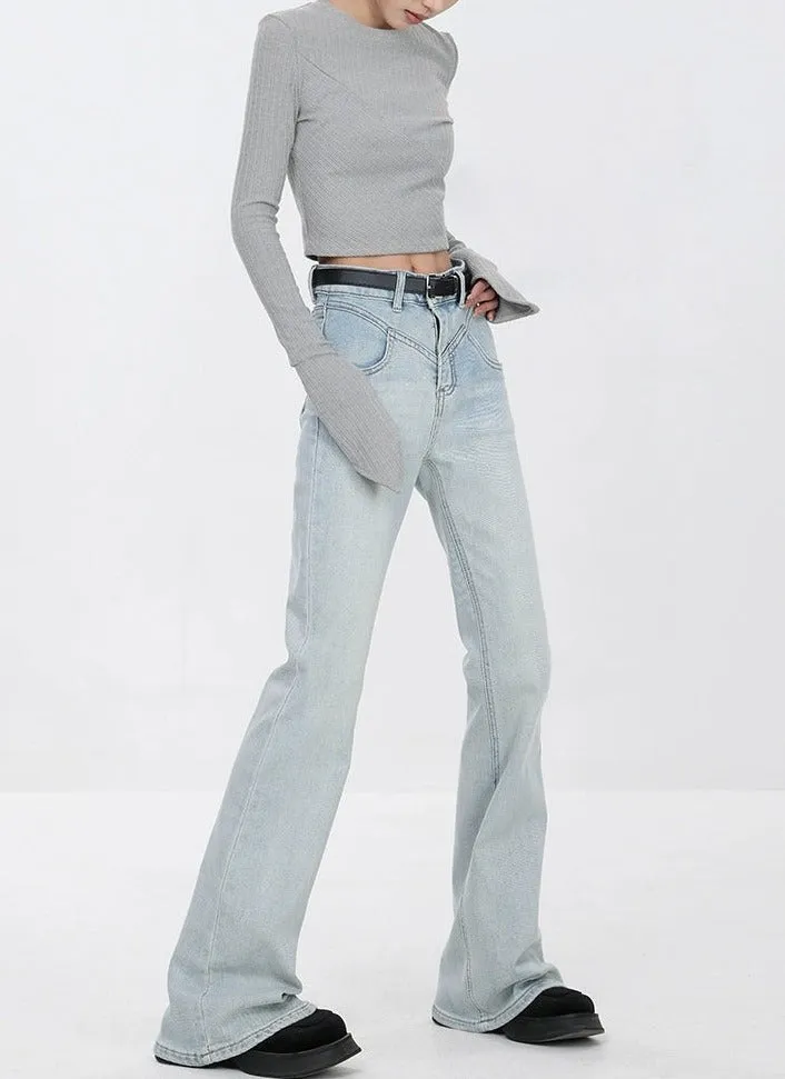 Skinny Flared Denim Jeans with Waist Stitch Detail