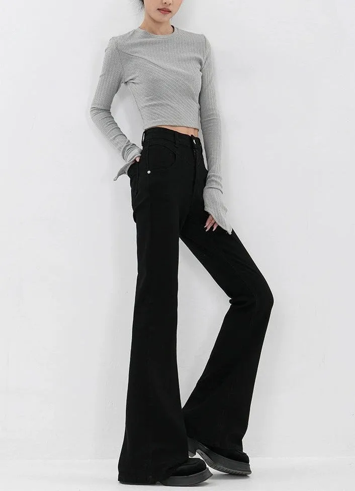 Skinny Flared Denim Jeans with Waist Stitch Detail
