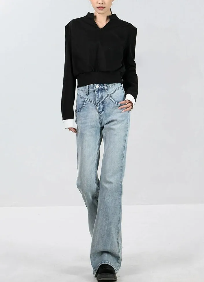 Skinny Flared Denim Jeans with Waist Stitch Detail