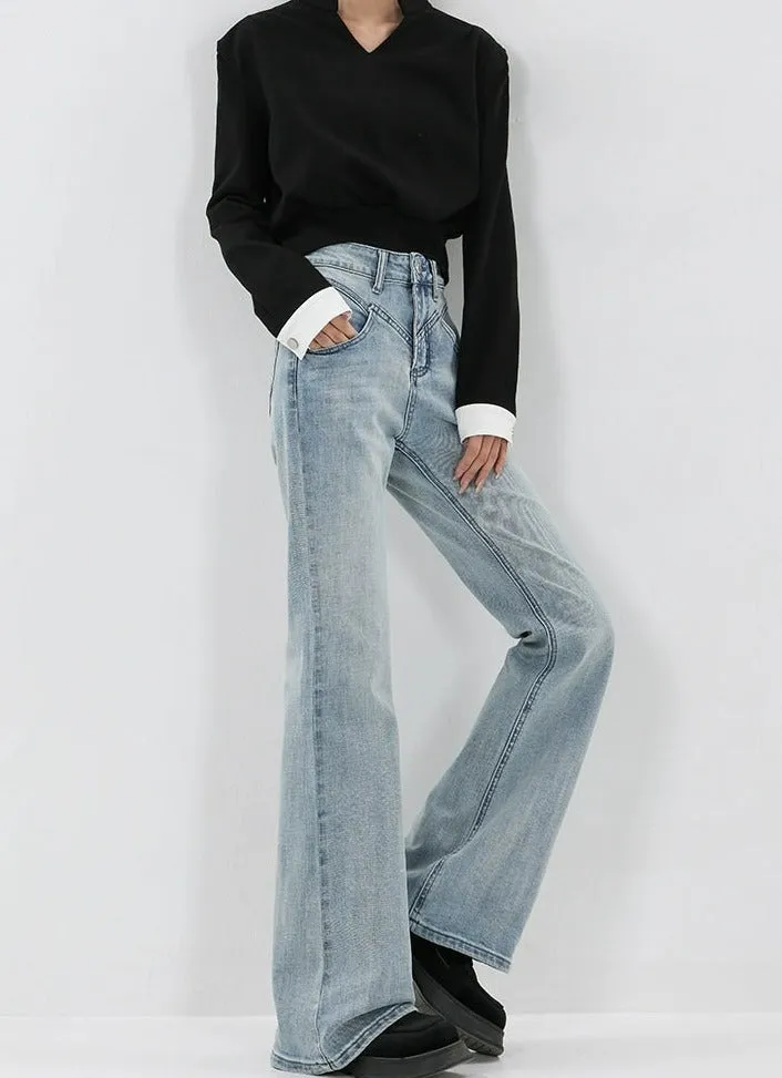 Skinny Flared Denim Jeans with Waist Stitch Detail
