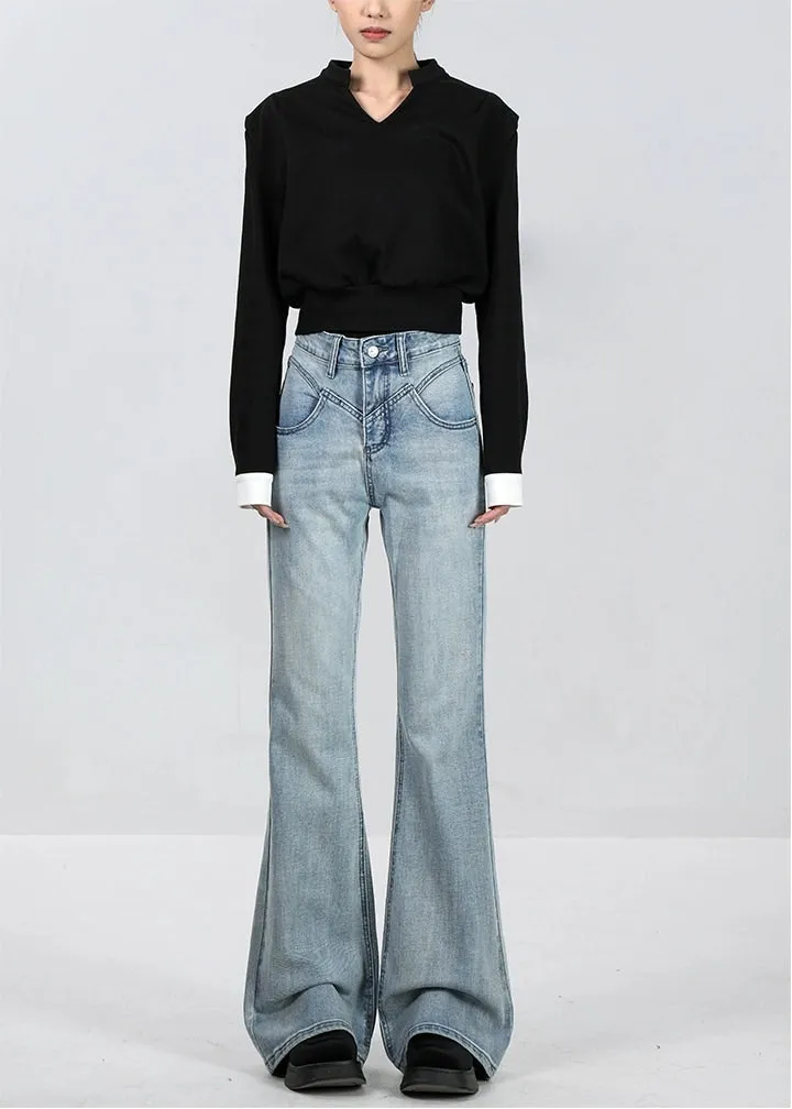 Skinny Flared Denim Jeans with Waist Stitch Detail