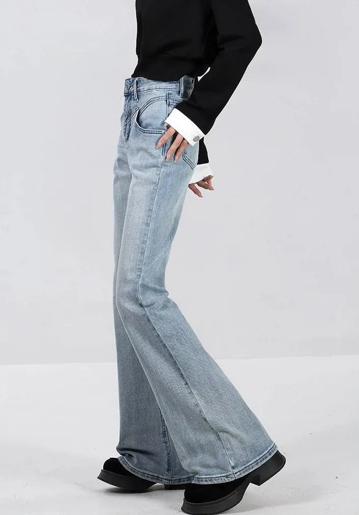Skinny Flared Denim Jeans with Waist Stitch Detail