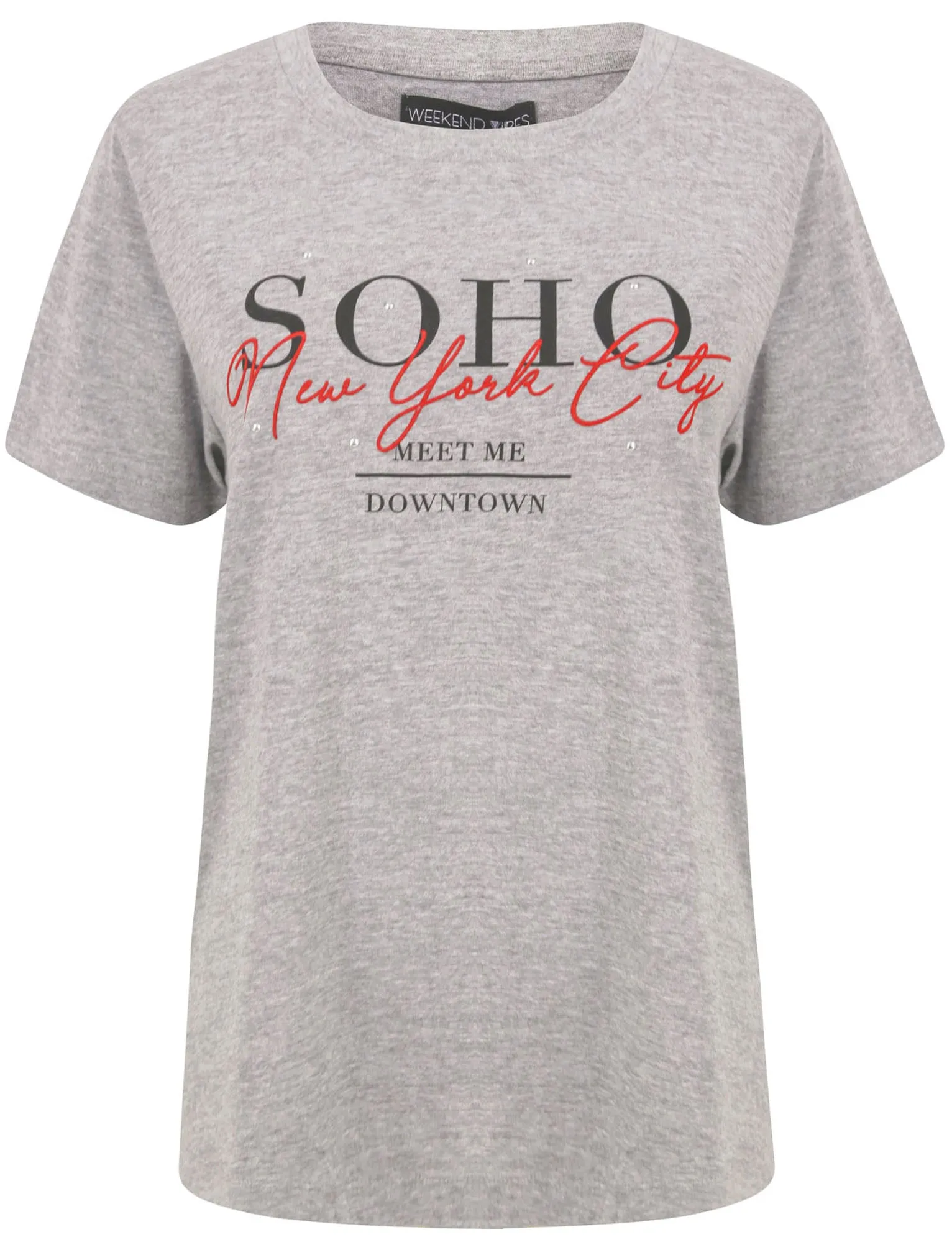 Soho / NYC Motif Studded Cotton T-Shirt in Light Grey Marl - Weekend Vibes